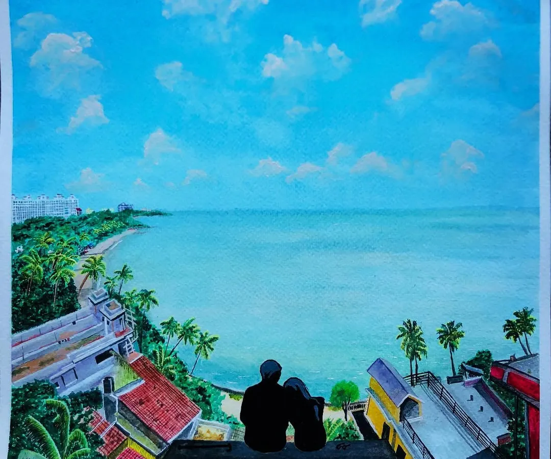 A client wanted to immortalize a precious memory in Goa. Using watercolors, I recreated the serene coastal view, turning their personal moment into a piece of art for their home.