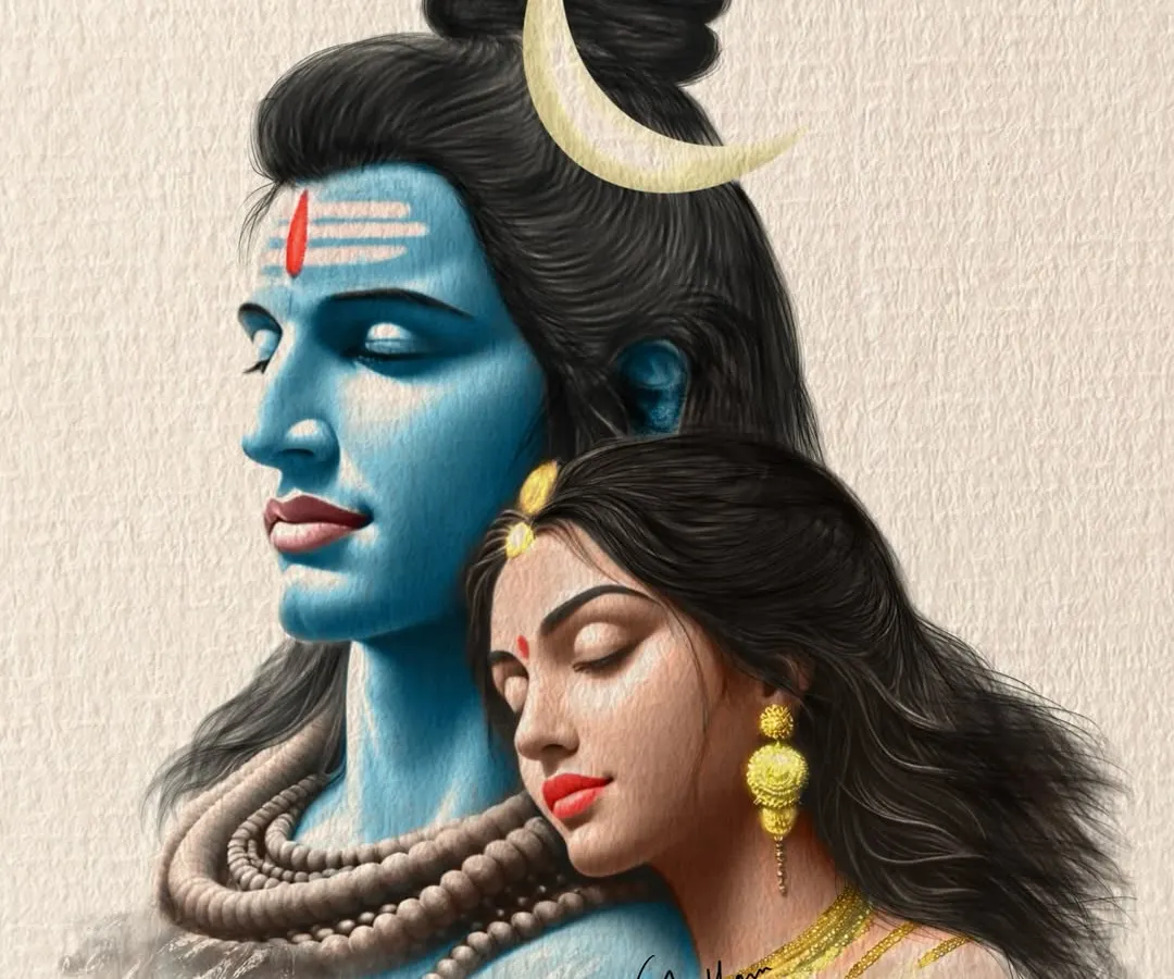 A digital painting of Shiv and Shakti, representing the divine balance of the universe. This style is perfect for creating modern yet traditional art for your home, using a rich color palette on a digital canvas.