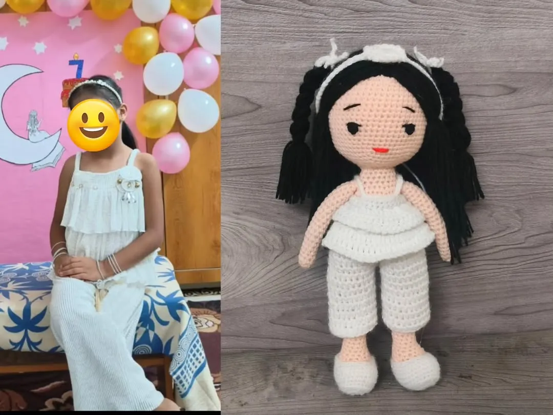 I love making dolls that look just like your little ones. This custom doll was made from a photo of a lovely girl for her birthday, matching her pretty white outfit. It is a wonderful way to create a special, personal gift.