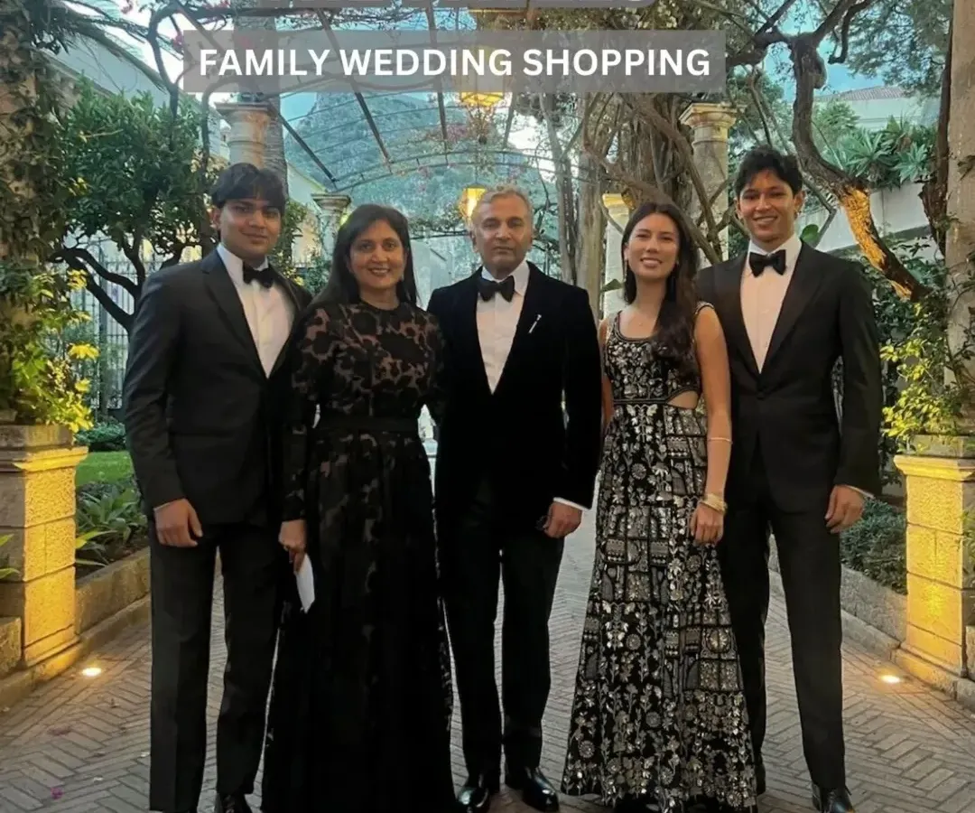 This is the result of a wonderful family shopping experience for the Patel family's destination wedding in Sicily. We curated every look, from a stunning Sabyasachi gown to a bespoke Shantanu & Nikhil Jodhpuri, ensuring they looked and felt incredible.