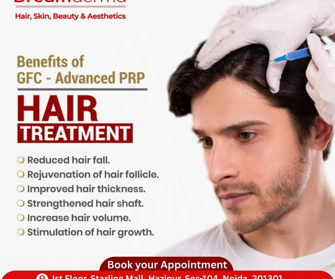 I offer GFC, or Growth Factor Concentrate therapy, as an advanced hair treatment. This infographic highlights the key results you can expect: reduced hair fall, rejuvenated follicles for better growth, and a noticeable increase in hair thickness, volume, and overall shaft strength.
