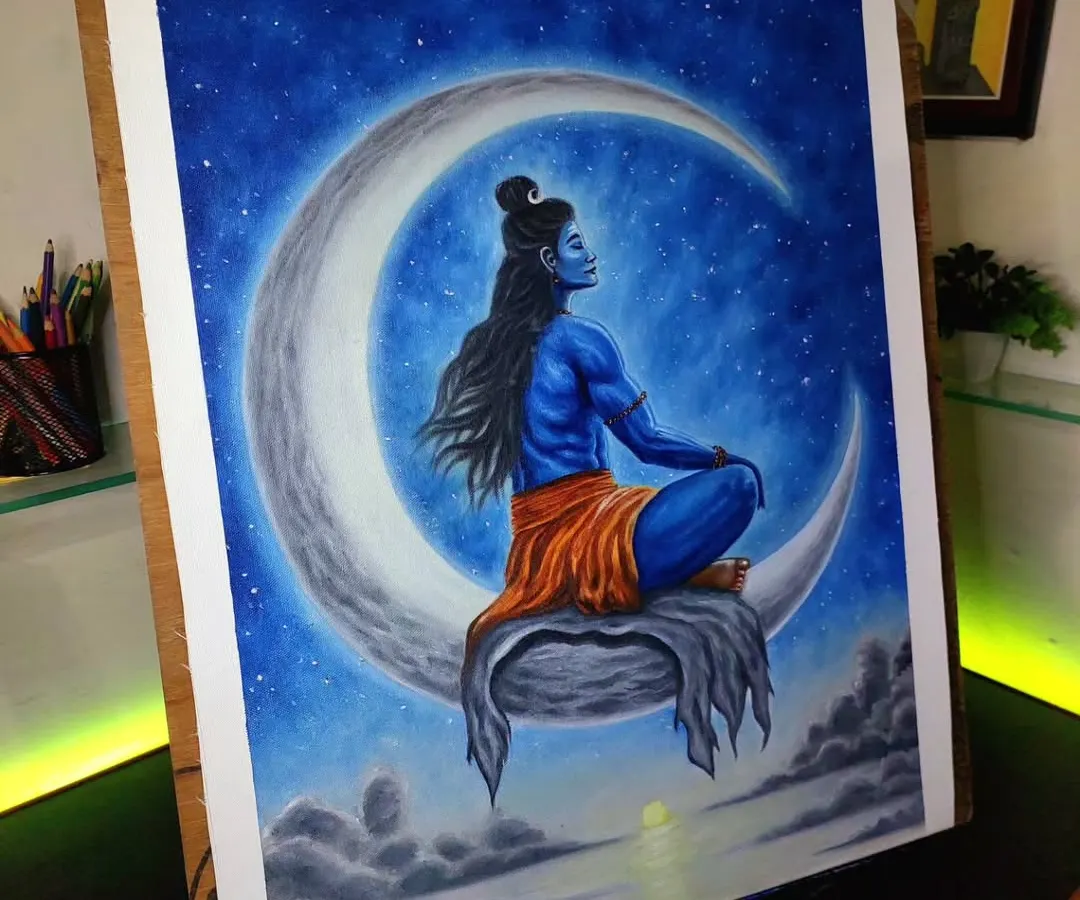 One of my favorite spiritual pieces, this oil painting shows Mahadev meditating on the moon. I used deep blues and contrasting light to create a powerful and serene atmosphere, making it a popular choice for home decor and spiritual spaces.