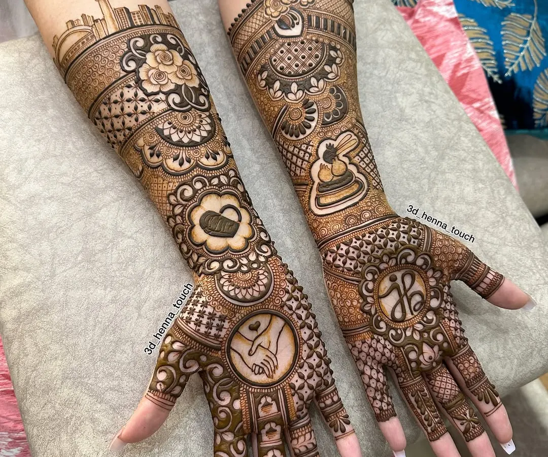 Your love story is unique, and your mehndi should be too. For this bride, I incorporated the Dubai skyline, a place special to her, along with the couple's initials and a symbol of their bond.