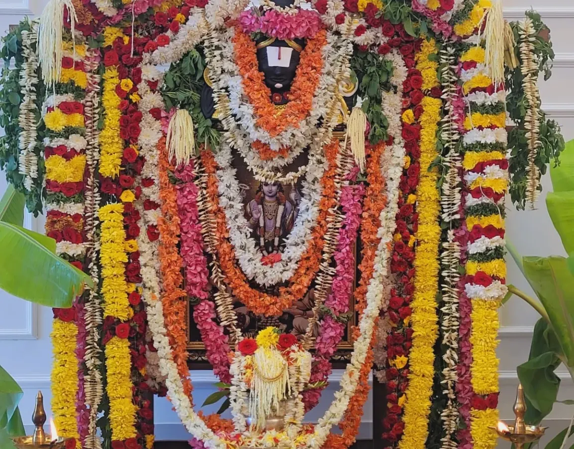 An elaborate alankaram (decoration) for a Satyanarayana pooja. I believe in making the sacred space beautiful to welcome the divine, using fresh flowers and traditional arrangements to create a feeling of peace and celebration.