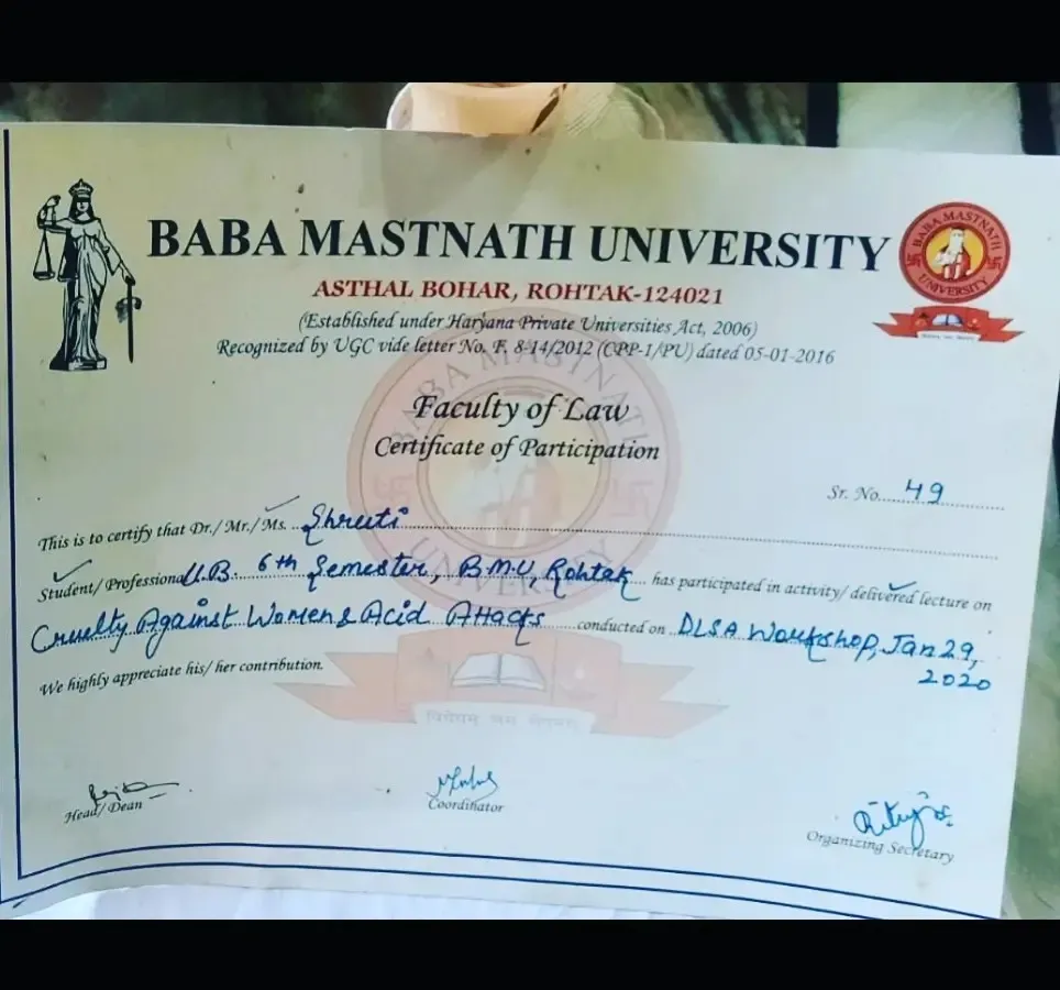 My commitment to fighting for women's rights is a core part of my practice. This certificate from a workshop on 'Cruelty Against Women & Acid Attacks' is a testament to my specialized training and dedication in this critical area of law.