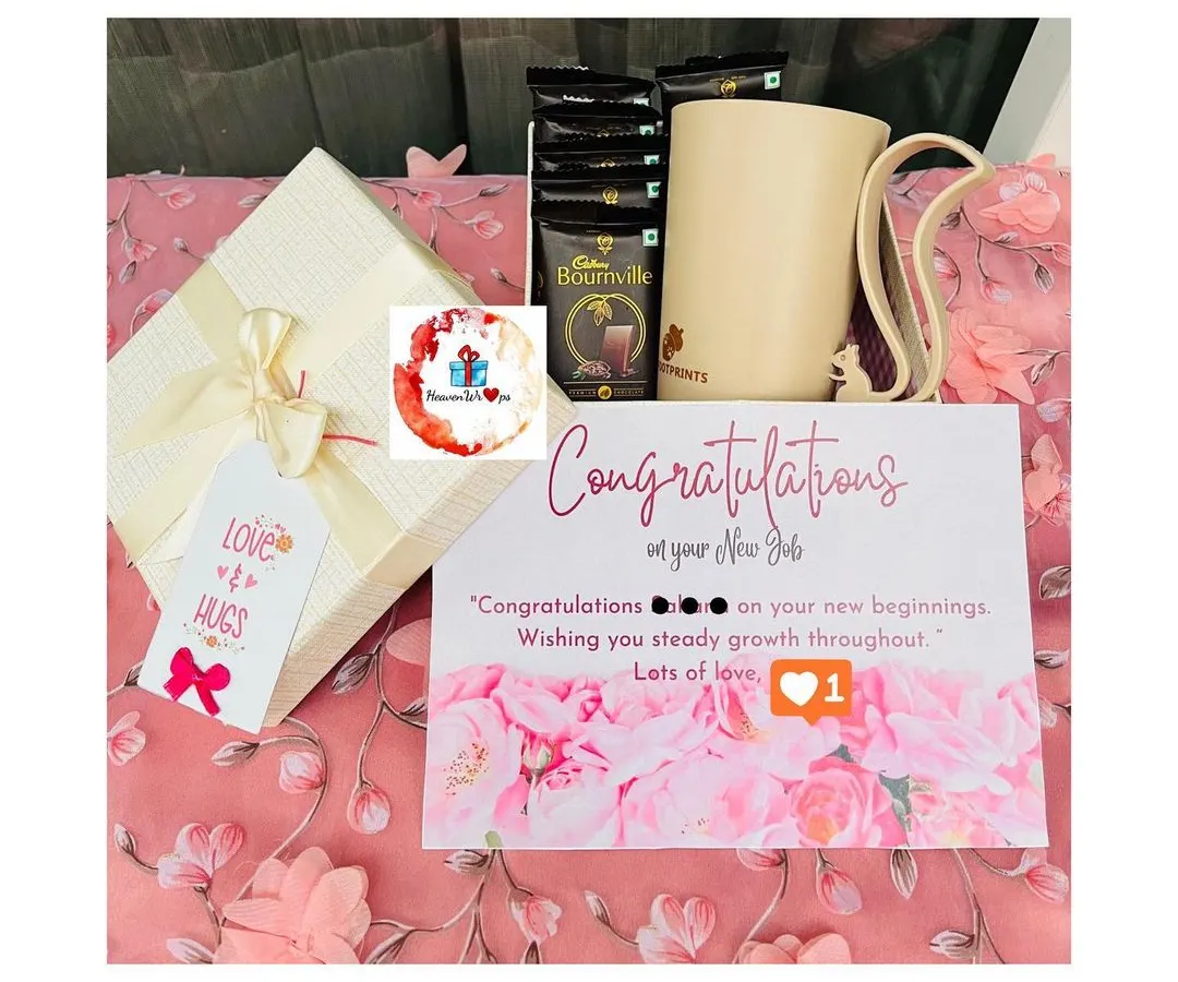Celebrate professional milestones with a thoughtful gift set. This hamper includes a "Congratulations on your New Job" card, a stylish mug, and premium Cadbury Bournville chocolates, perfect for employee appreciation or corporate gifting.