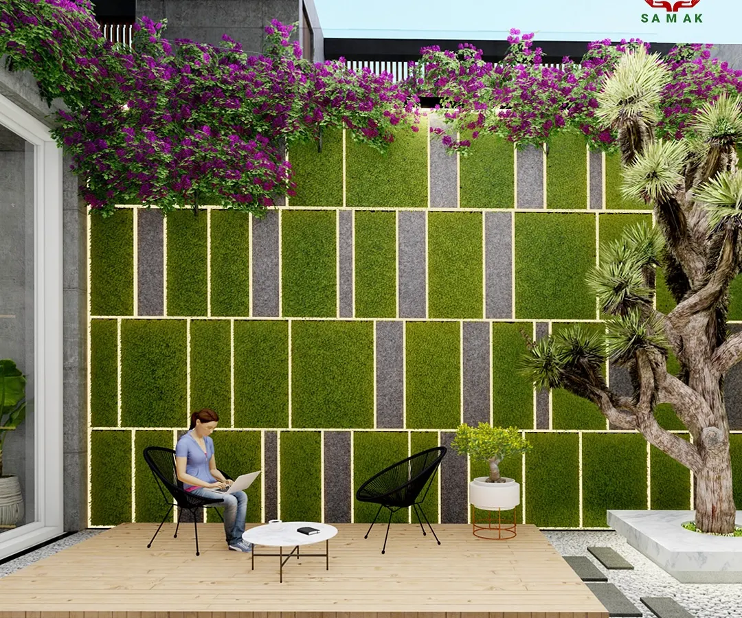 We design contemporary outdoor lounges that merge comfort with living art. This space features a custom-designed vertical moss wall with integrated backlighting, creating a stunning focal point. The composition is completed with a wooden deck, minimalist seating, and a mature specimen tree, demonstrating a harmonious blend of modern architecture and nature.