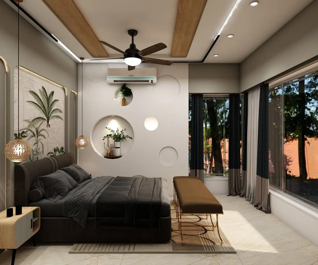 This is a 3D visualization of a luxury master bedroom where comfort meets contemporary design. We focused on a serene atmosphere with unique wall textures, layered lighting, and a nature-inspired theme to create a perfect personal retreat.