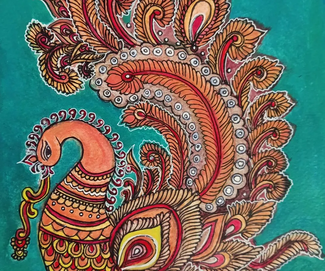 This piece is my tribute to the timeless art of Kalamkari. I used fine-line techniques to create this peacock, a classic motif, with its elaborate plumage detailed in warm, earthy tones against a contrasting teal background.
