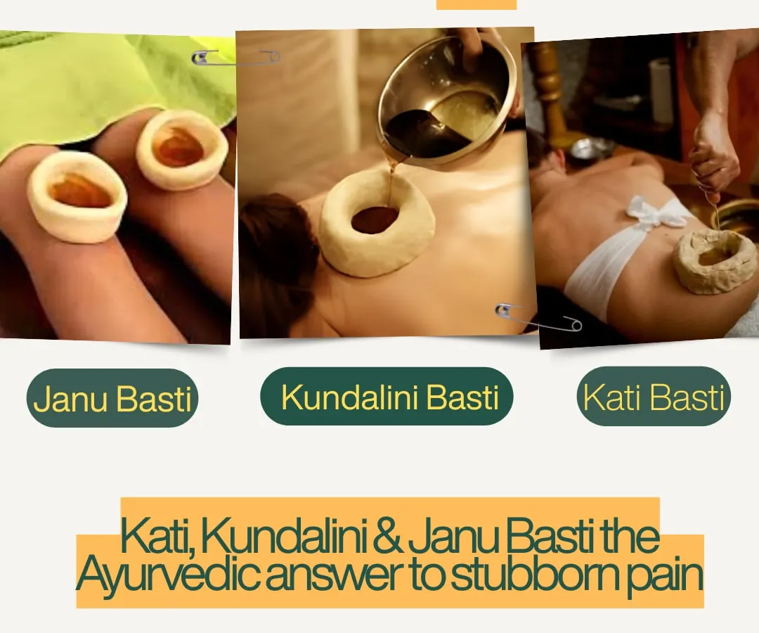 For stubborn back, spinal, or knee pain, we go to the root of the problem with Basti therapy. This image shows Janu Basti for knees, Kati Basti for the lower back, and Kundalini Basti for the spine, where warm, medicated oils are pooled to provide deep, lasting relief from chronic pain and stiffness.