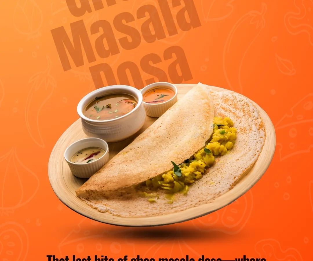 Our Ghee Masala Dosa is a true classic. We make it perfectly crisp, generously filled with spiced potato masala, and served with our fresh, homemade chutneys and sambar.