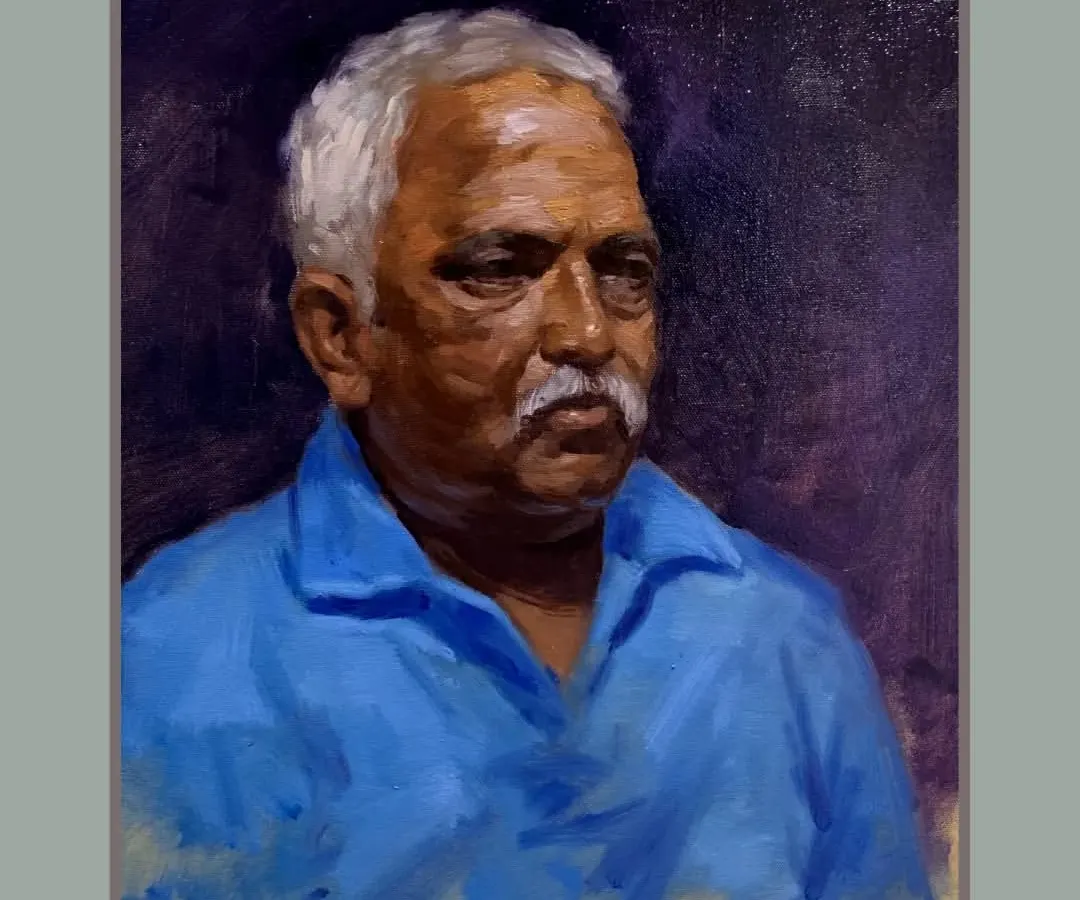 An oil on canvas portrait titled "प्रिय वडील" (Beloved Father). For me, a portrait is more than a likeness; it's about capturing the subject's spirit and presence, creating a timeless piece for a family to cherish.