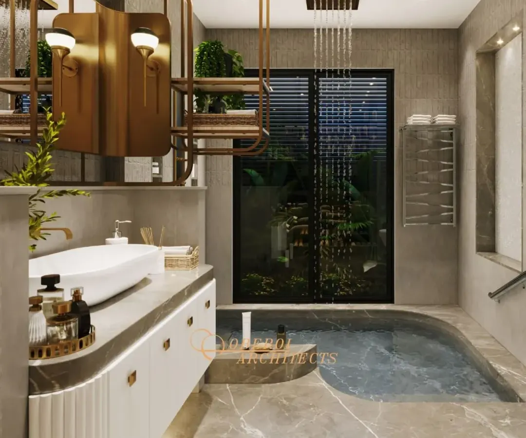 I designed this bathroom as a private spa-like sanctuary. It features a custom sunken tub with a cascading rain shower, warm ambient lighting, and a seamless connection to the outdoors to turn daily rituals into moments of indulgence.