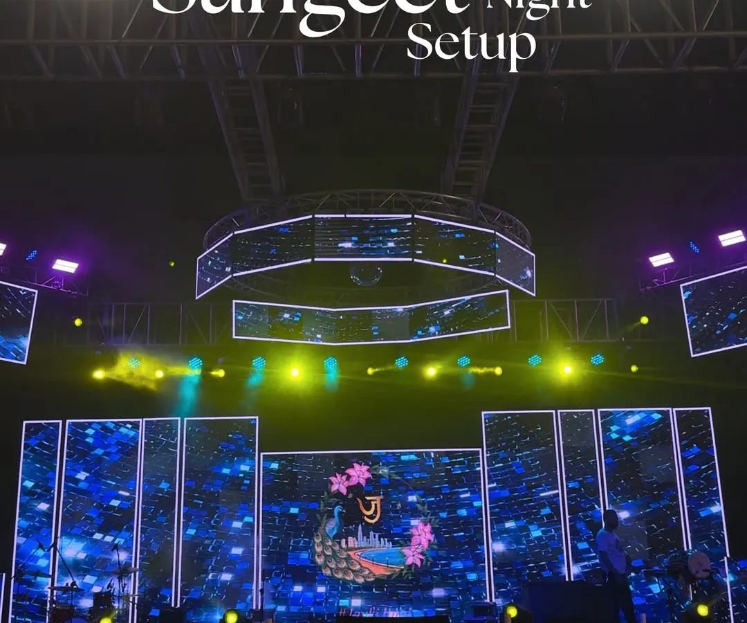 I believe in creating a complete sensory experience. For this Sangeet, I designed a massive, multi-layered LED stage with dynamic lighting that transformed the entire venue and brought incredible energy to the performances.