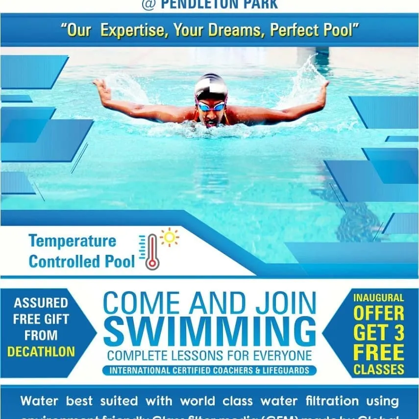Our "Come and Join" campaign poster, featuring a swimmer mid-stroke to showcase the level of skill you can achieve. We emphasize our core promise, "Our Expertise, Your Dreams, Perfect Pool," alongside special inaugural offers and key features like our temperature controlled pool, world class water filtration, and certified staff.