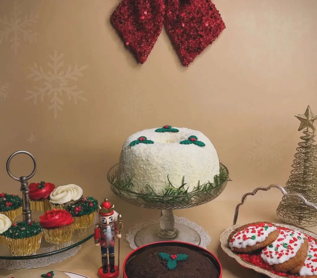 This is what my Christmas dreams are made of. Our full holiday spread includes everything from the Tom Cruise-inspired coconut bundt and traditional fruit cake to festive cupcakes and marzipan, all crafted with comforting, nostalgic flavors.