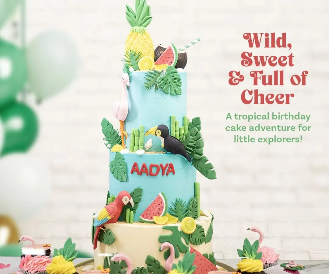 For Aadya's birthday, we created a tropical paradise. This dessert spread features a three-tiered jungle cake with hand-sculpted parrots, toucans, and flamingos, complemented by matching pineapple cupcakes and flamingo cakesicles.