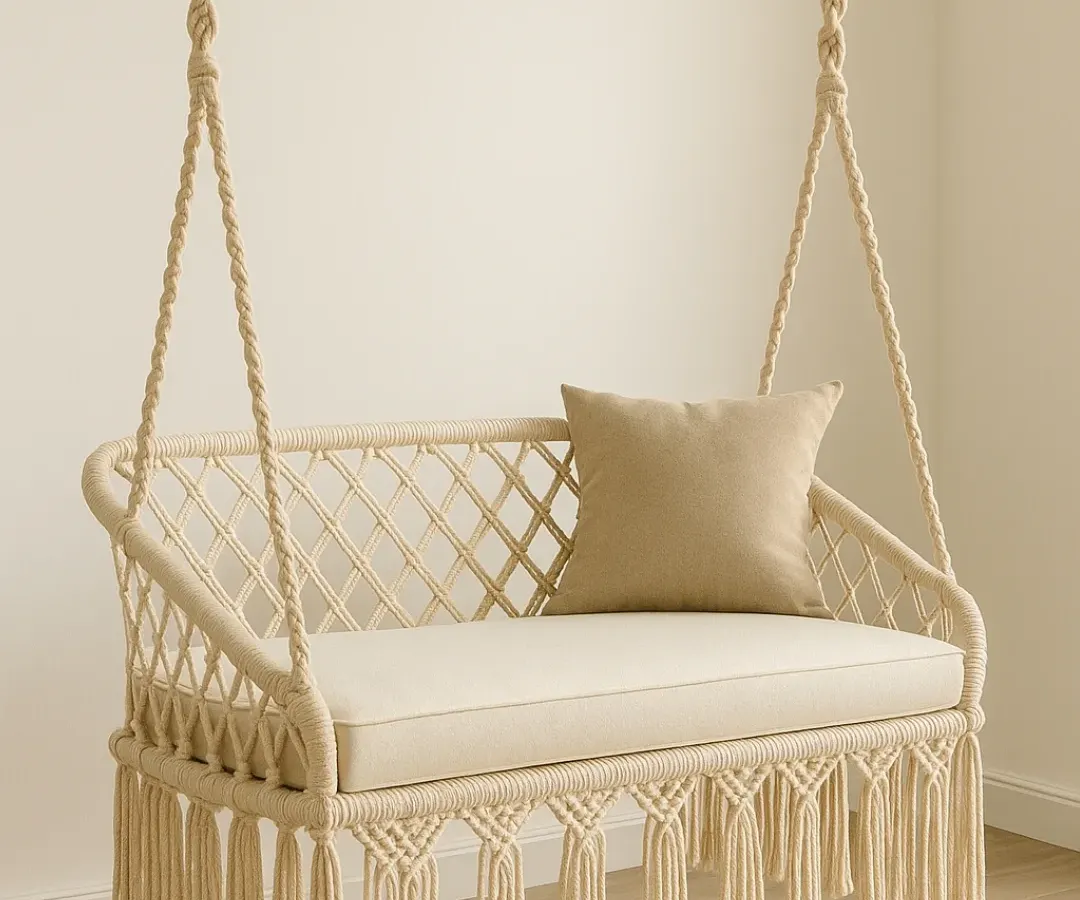 For a clean and modern look, we created this macrame sofa swing. It has a simple bench design with a comfortable cushion, perfect for adding a touch of boho style to your living room without overwhelming the space.