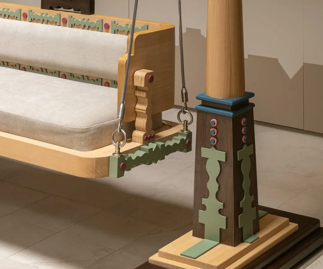 This custom-designed Oonjal, or traditional swing, is the heart of our Kolam Pop project. We reinterpreted classic South Indian temple architecture and Kolam motifs into a modern, playful form. The turned wood posts and colourful, geometric base make it a functional sculpture that brings joy and heritage into the home.