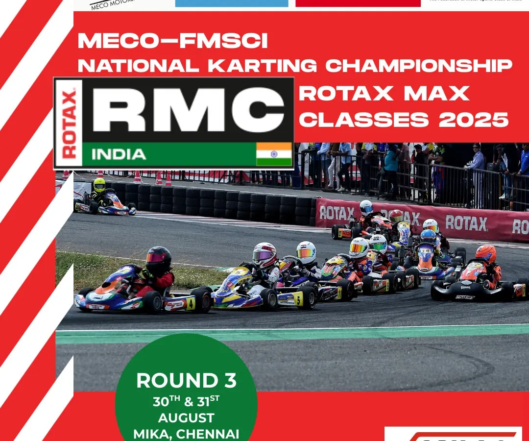 We bring the MECO-FMSCI National Karting Championship to top-tier tracks across the country. This announcement for Round 3 in Chennai captures the excitement as a full grid of Rotax Max karts prepares for a rolling start, showcasing the high level of competition we foster.