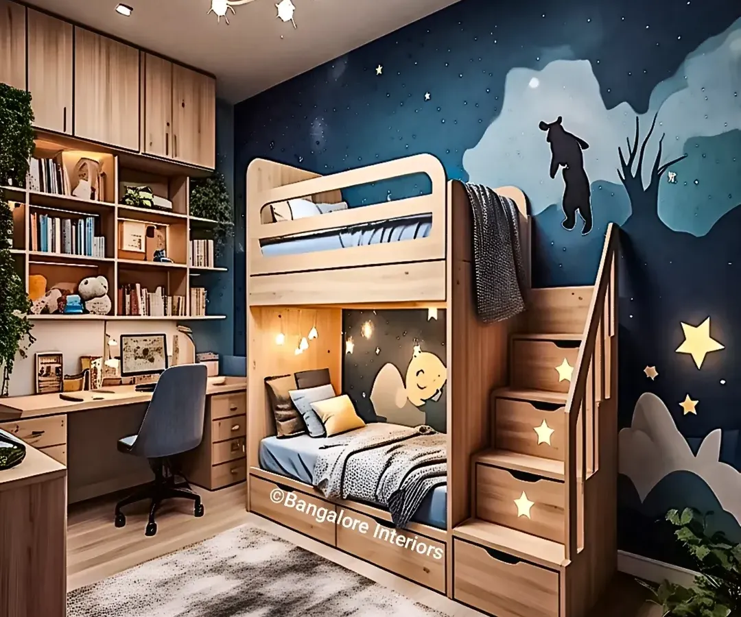 This children's bedroom is a perfect example of our approach to combining playfulness and practicality. We designed a custom bunk bed with integrated staircase drawers for safe climbing and smart storage, alongside a dedicated study area, proving that you don't need a large room to create a dream space for your kids.