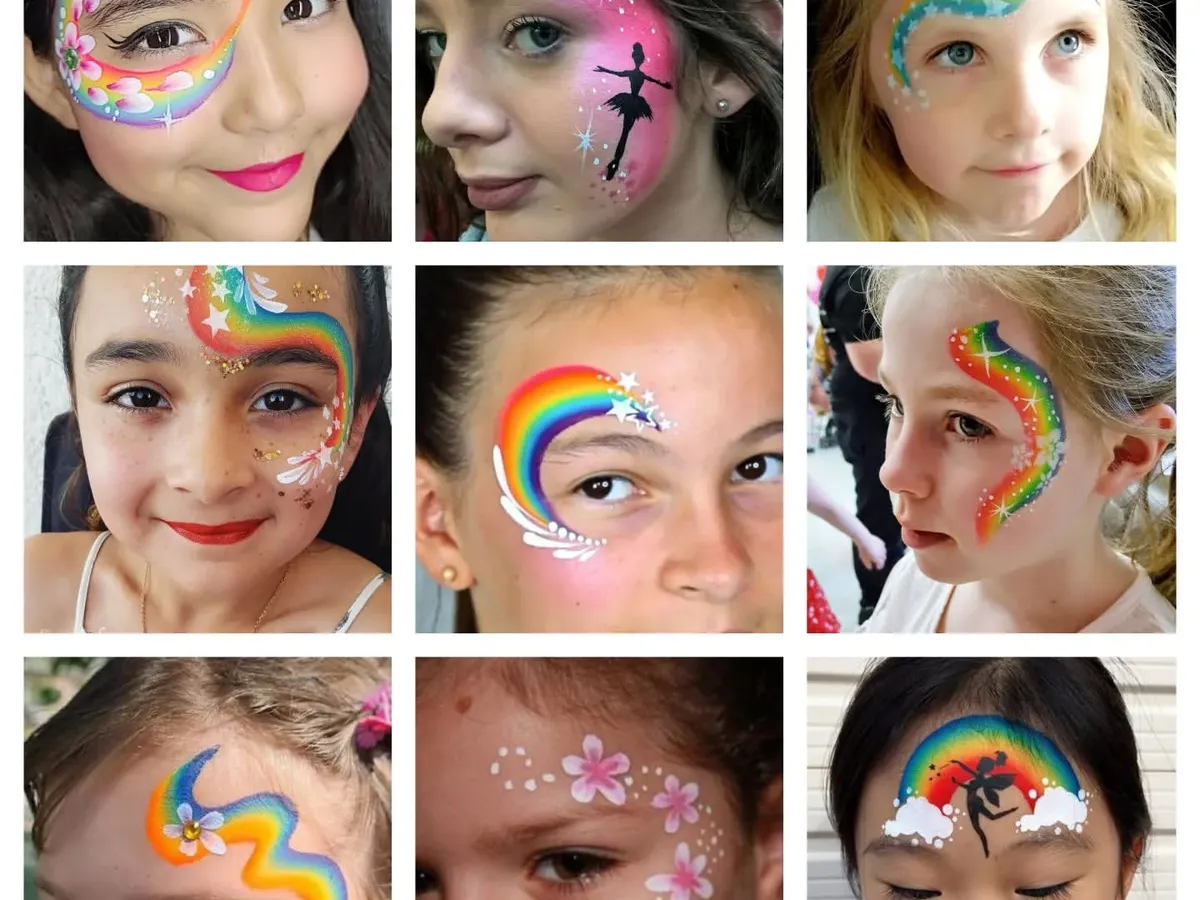 Face painting is pure magic. This collection shows the range of designs I can create, from beautiful rainbow swirls and delicate flowers to enchanting fairy silhouettes that bring a smile to every child's face.