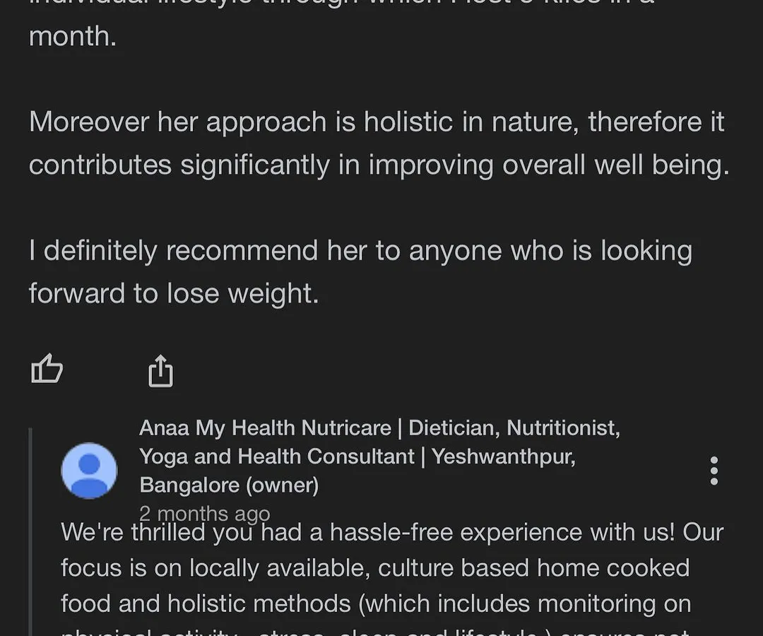 This is what my holistic approach is all about. We achieved a 5-kilo weight loss in one month by using natural, locally available foods customized to my client's lifestyle. It’s not just about weight, it's about improving your overall well-being for the long term.