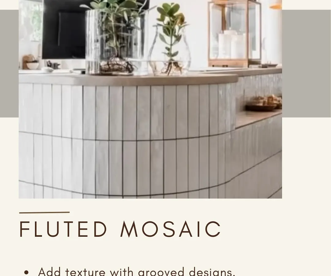 This reception desk showcases how I use materials to make a strong first impression. The curved counter is finished with a fluted mosaic tile, adding texture and a contemporary, stylish feel that immediately elevates a boutique or office entryway.