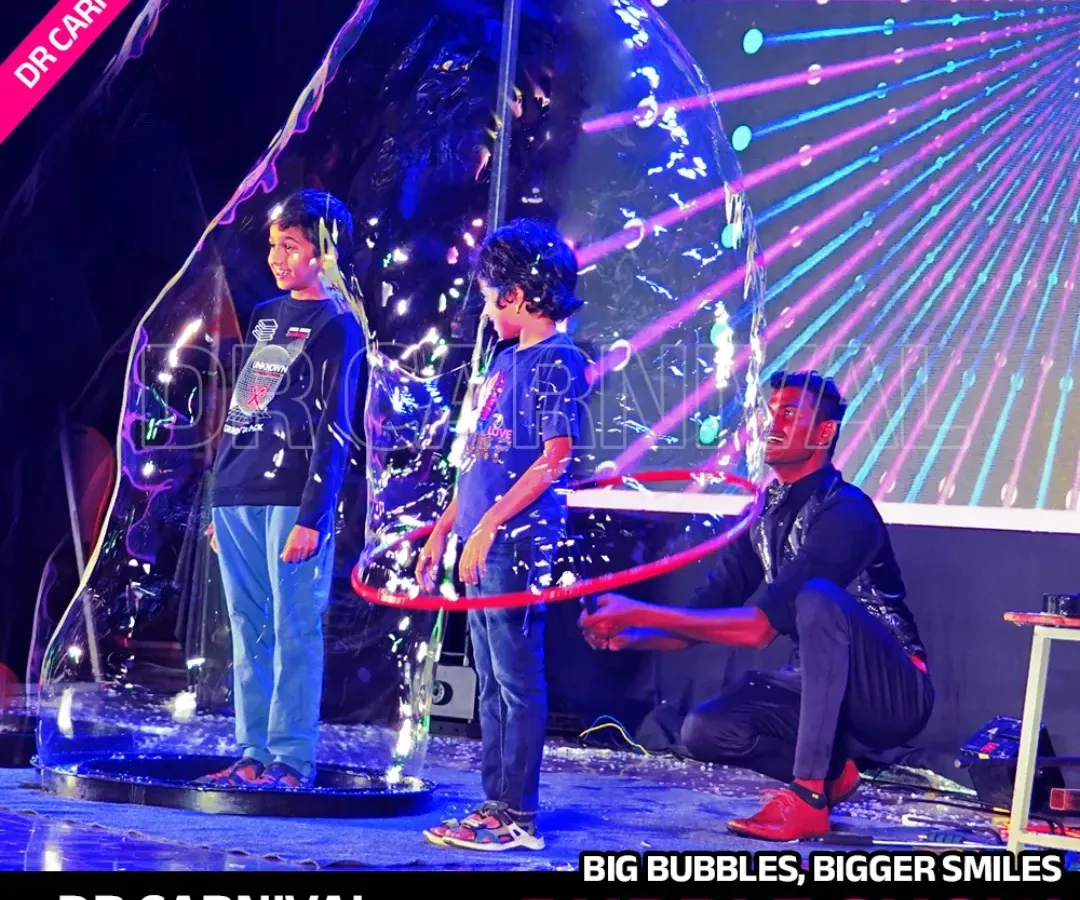 Nothing brings out pure joy like our giant bubble show. We create massive, shimmering bubbles that can even fit kids inside, making for perfect photo opportunities and unforgettable memories at birthday parties and family events.