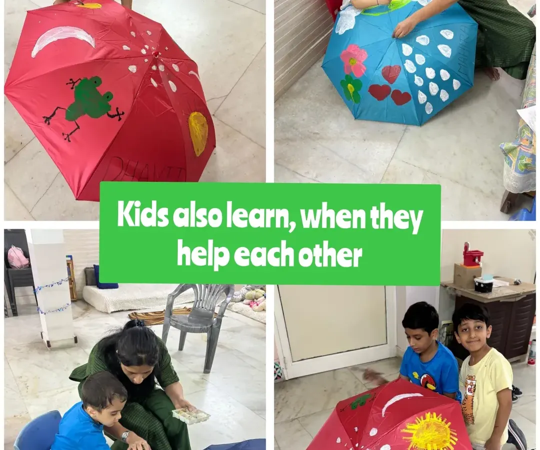 I believe that children learn best when they help each other. Here, my little artists are working together to paint their own umbrellas, sharing ideas and encouragement. This is how we build teamwork and friendship in our studio.