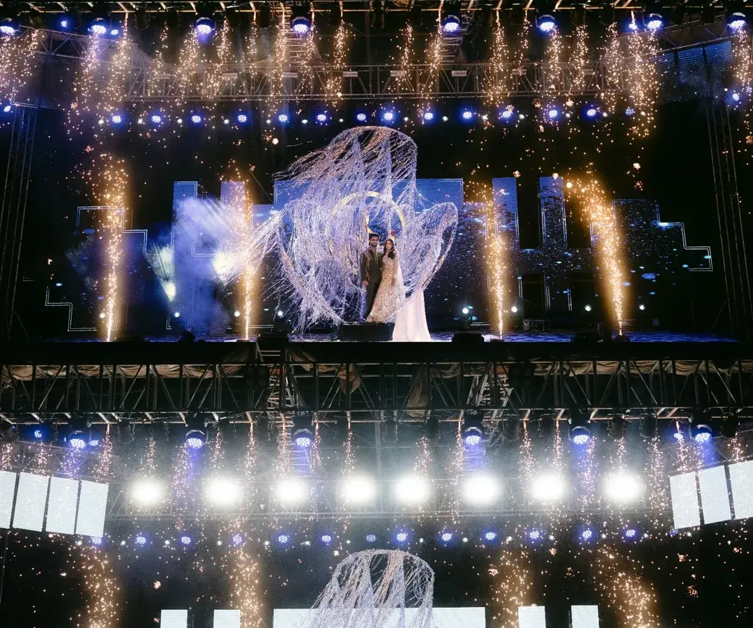 We love a grand sangeet entry. This one featured a massive stage, a custom-built heart structure, and a perfectly timed pyro show that left everyone breathless. We turn your sangeet into a concert-level experience.