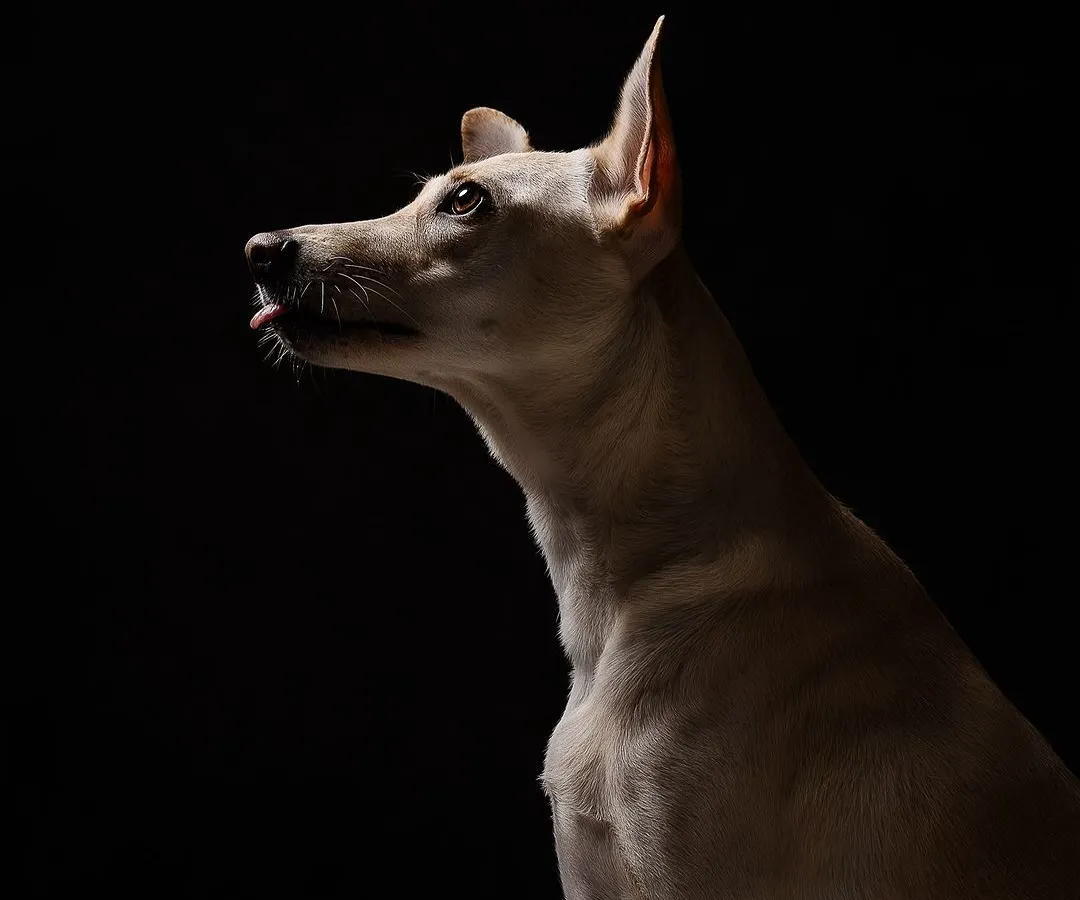 A studio portrait of Penny, a beautiful Indie, showcasing her elegant profile. Using a dramatic, single-light setup against a black backdrop, I highlighted her delicate features and the tiny blep of her tongue, proving that shelter dogs can be the most stunning models.