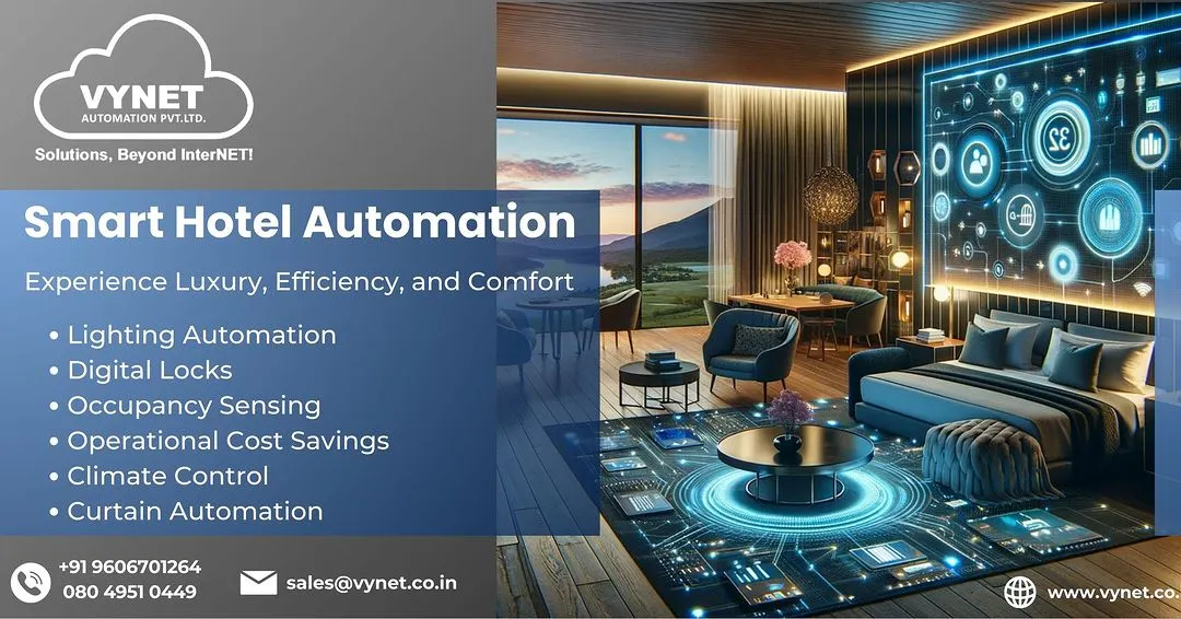 We transform the hotel guest experience by integrating smart automation. This graphic illustrates how we combine lighting, climate control, digital locks, and curtain automation into a single, intuitive system that offers guests ultimate comfort while delivering operational cost savings for the hotel.