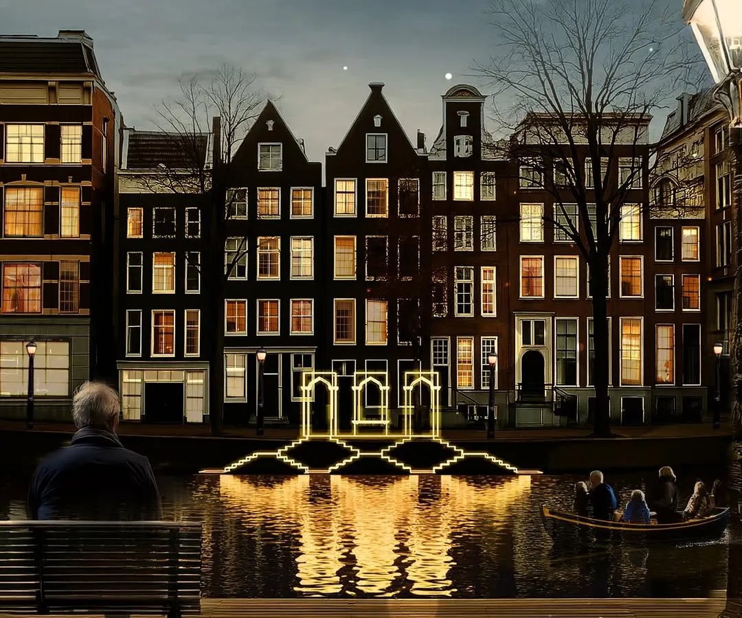 In Amsterdam, my installation "Echoes of the Deep" floats on a canal, reimagining an ancient Indian step-well as a place for quiet reflection. This view, with a person pausing on the bench, captures the essence of creating moments of stillness within the busy fabric of a city.