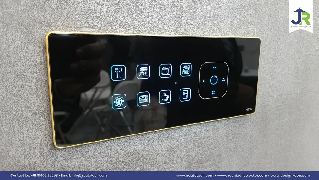 This is the centerpiece of a truly personalized smart home. Our premium JR XION touch panel, shown here with a custom gold frame and a wide array of icons, gives you granular control over every aspect of a room, from lighting scenes to appliances, all from one elegant interface.