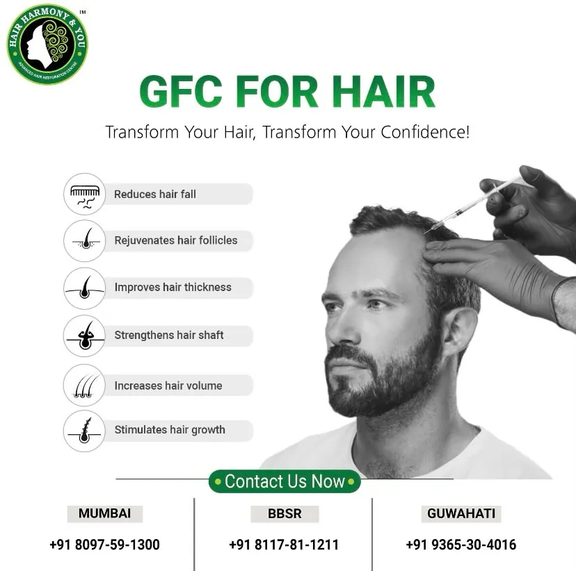 GFC therapy is a science-backed treatment that delivers multiple benefits. This graphic highlights how it reduces hair fall, rejuvenates follicles, improves hair thickness, and strengthens the hair shaft to give you fuller, healthier hair.