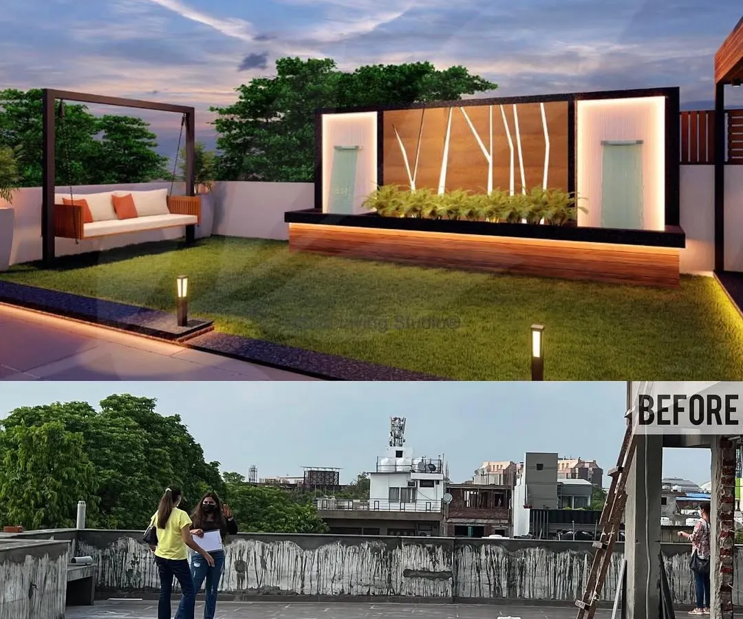 The power of transformation, captured in a single frame. We took this bare Saket terrace and converted it into a serene garden lounge, featuring a custom swing, elegant water features, and a beautiful lawn space perfect for relaxation.