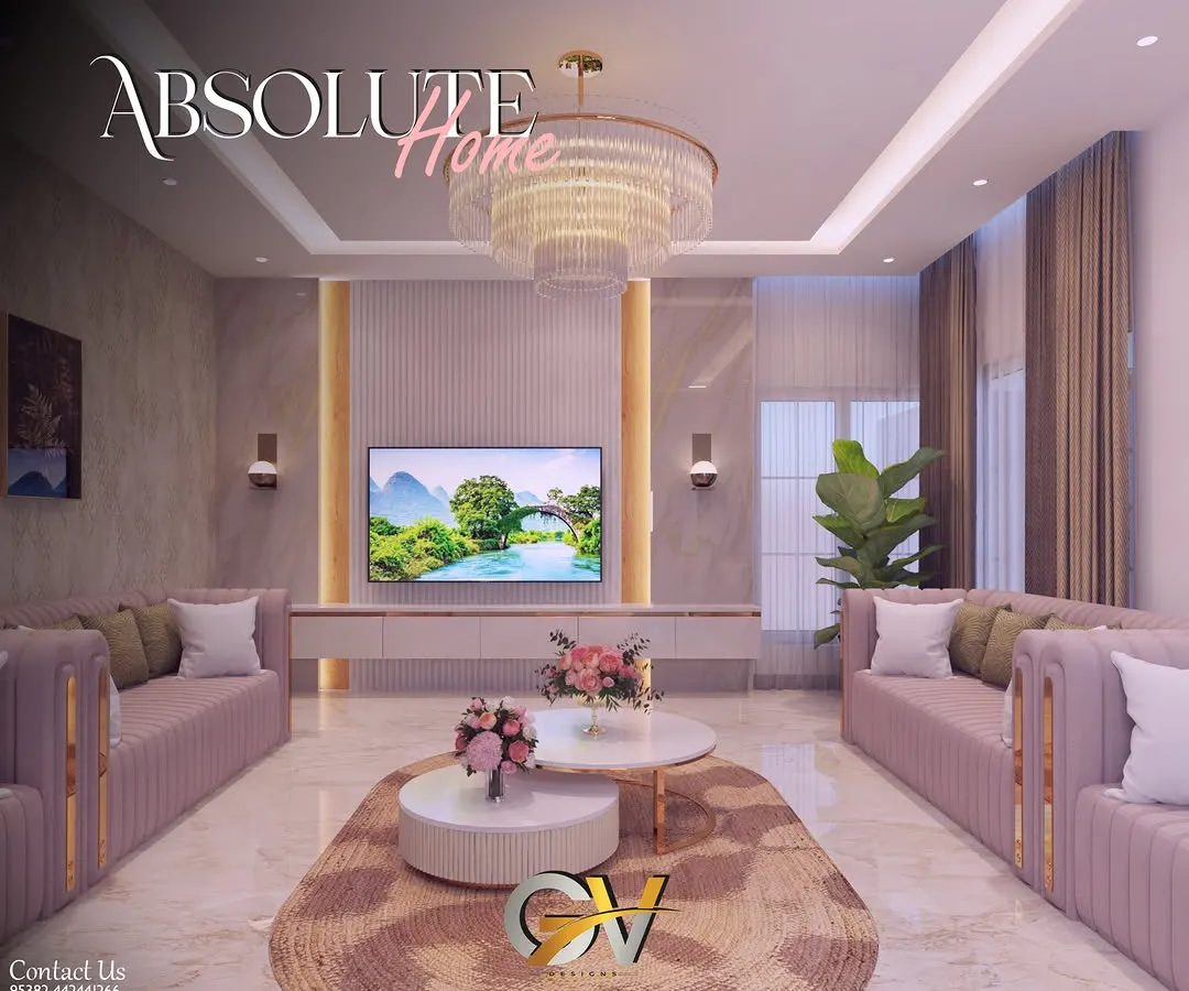 We believe a living room should be both elegant and comfortable. This design features plush, custom-upholstered sofas, a statement tiered chandelier, and a sophisticated TV unit set against a textured wall, creating a perfect setting for hosting guests or unwinding in style.