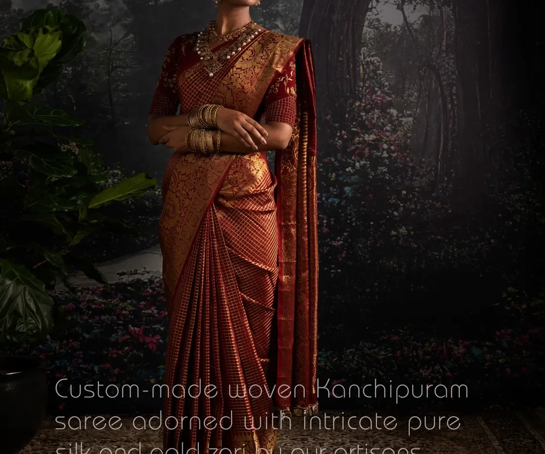 I present the enduring allure of a custom-woven Kanchipuram saree. This piece, rich in tradition, is crafted by my artisans with pure silk and gold zari, a perfect heirloom for the modern bride who cherishes her heritage.