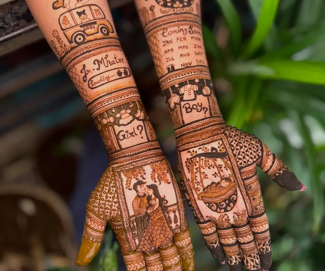Celebrating a new beginning with this special baby shower mehendi. We included adorable details like a portrait of the parents-to-be, a baby cradle, and a fun "Boy or Girl?" element to capture their excitement.
