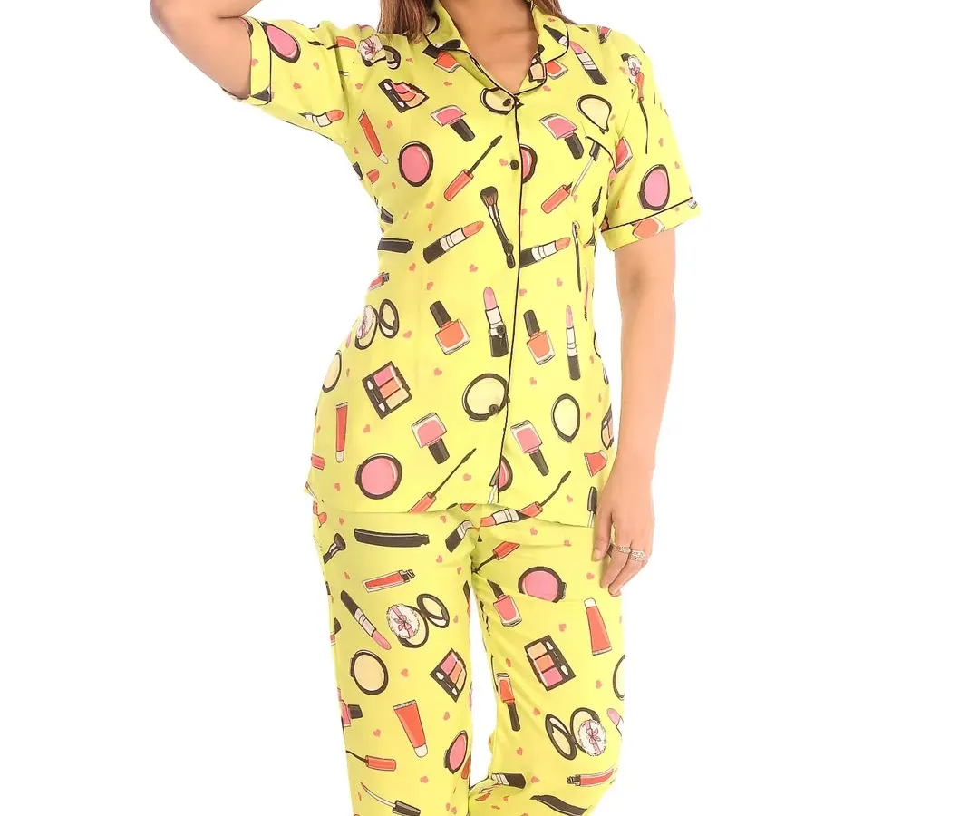 For all the makeup lovers, I designed this vibrant yellow set featuring lipsticks, brushes, and compacts. It's a fun, quirky print that adds a pop of color and personality to your loungewear, made from the same breathable cotton you love.