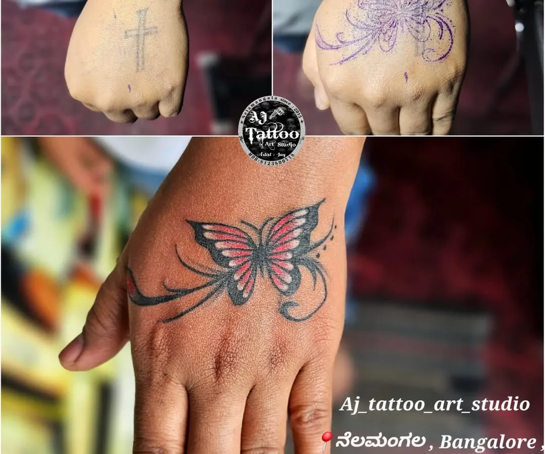 A great example of a fresh start. I transformed a simple cross tattoo on the hand into this vibrant, detailed butterfly design, giving my client a piece she is now proud to wear.