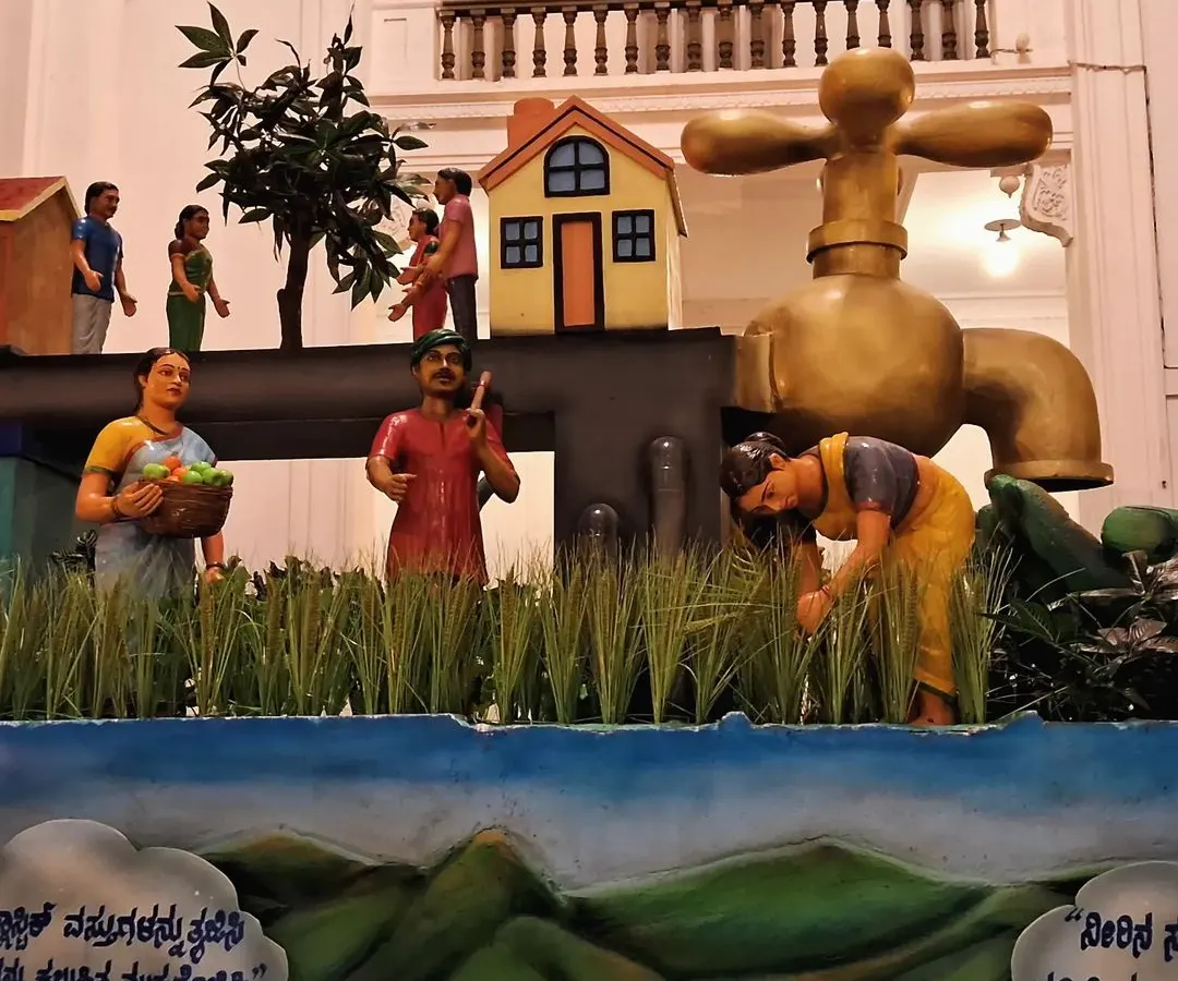 Art can also carry an important message. For this float, I created a scene about water conservation and farming, with a giant golden tap as the centerpiece to grab attention and make people think about this vital resource.