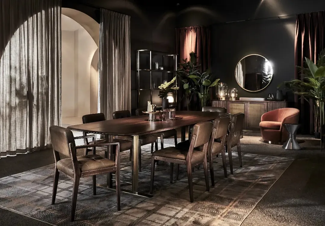 We believe dining should be an experience of refined elegance. This setting showcases our Axel dining collection, where the rich warmth of solid walnut and the classic comfort of leather chairs create a sophisticated, mid-century modern atmosphere perfect for intimate gatherings and grand celebrations alike.