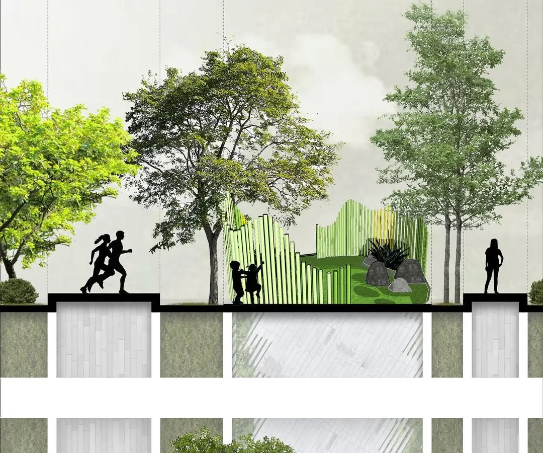 A closer look at our design concept, featuring a central sculptural installation that merges art with nature. Our goal is to create unique, thought-provoking elements within the landscape that encourage community interaction and provide a memorable experience.