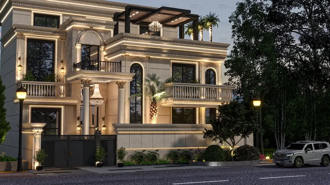 A home's exterior is its first promise. For this residence, I blended modern classic elements like grand arches and stately columns with clean lines and strategic lighting to create a facade that feels both timeless and impressive. It’s a statement of elegance that welcomes you home.