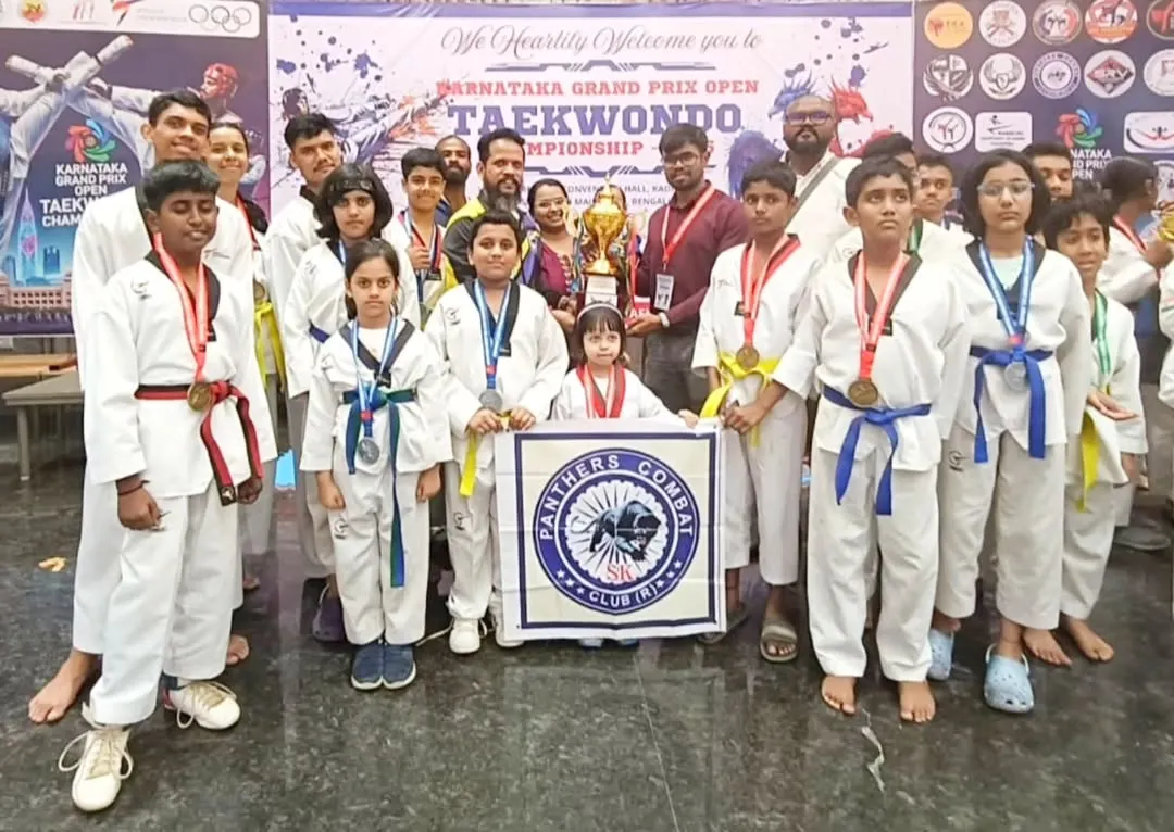 We don't just train, we win. Here is our team of young champs from the Karnataka Grand Prix Open Taekwondo Championship, bringing home a total of 14 Gold, 12 Silver, and 5 Bronze medals.
