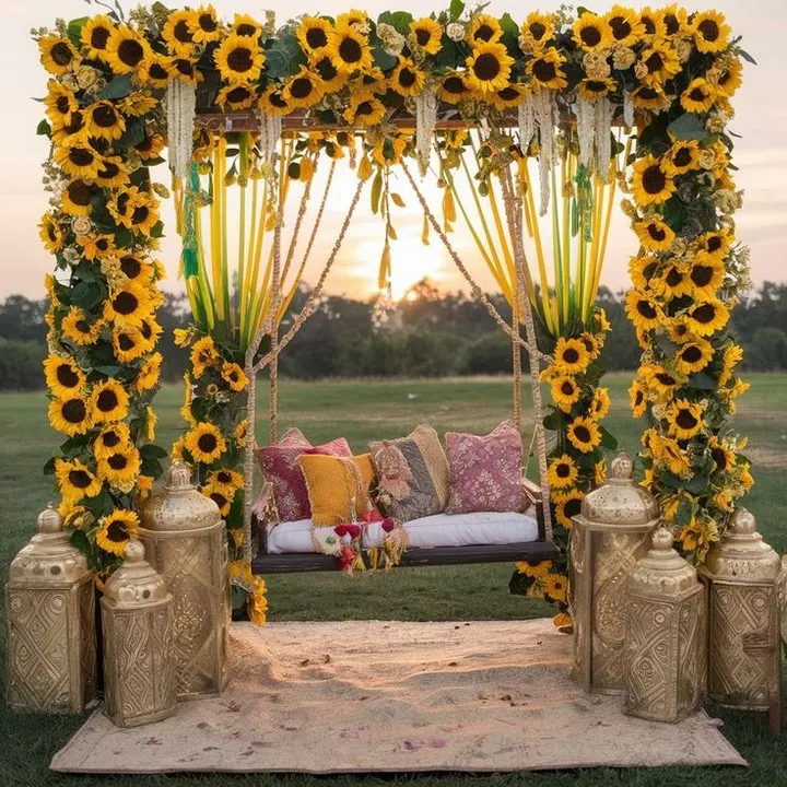 For a vibrant and joyful mehendi or haldi, nothing beats a sunflower theme. I designed this beautiful floral swing setup for an outdoor ceremony, using an abundance of fresh sunflowers and traditional brass lanterns to create a warm, picture-perfect spot against the sunset.