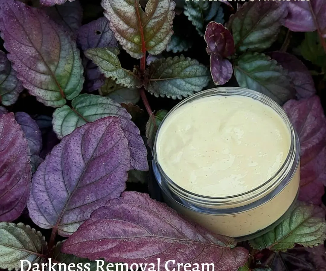 This is my Darkness Removal Cream, one of my most popular products for tackling stubborn dark patches. It's made with natural brighteners like licorice, wild turmeric, and carrot seed oil to gently even out the skin on areas like the neck, underarms, and elbows.