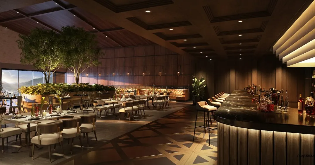 The interior of The Foresta's main restaurant was designed to be an experience of opulent luxury. I used rich wood textures, a dramatic coffered ceiling, and warm ambient lighting to create an atmosphere that is both refined and deeply inviting for an unforgettable dining experience.